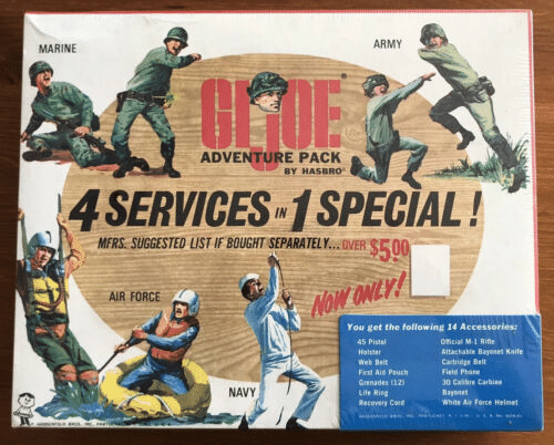 An image of a factory-sealed Adventure Pack from the G.I. Joe toyline. It is the runner-up for the most expensive GI toy ever created.